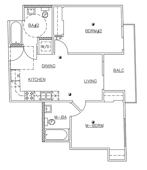 Floor plan for 2 beds, 2 baths, 666 sqft